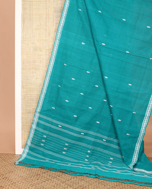 Blue thread buttas Andhra cotton saree, peacock design border, and contrast-checked pallu of buttas and stripes