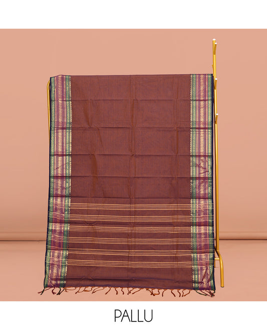 Brown Plain Chettinad Cotton Saree, Complemented by a Contrasting Traditional Zari Design Border, Pallu of Stripes, and Paired with a Matching Blouse