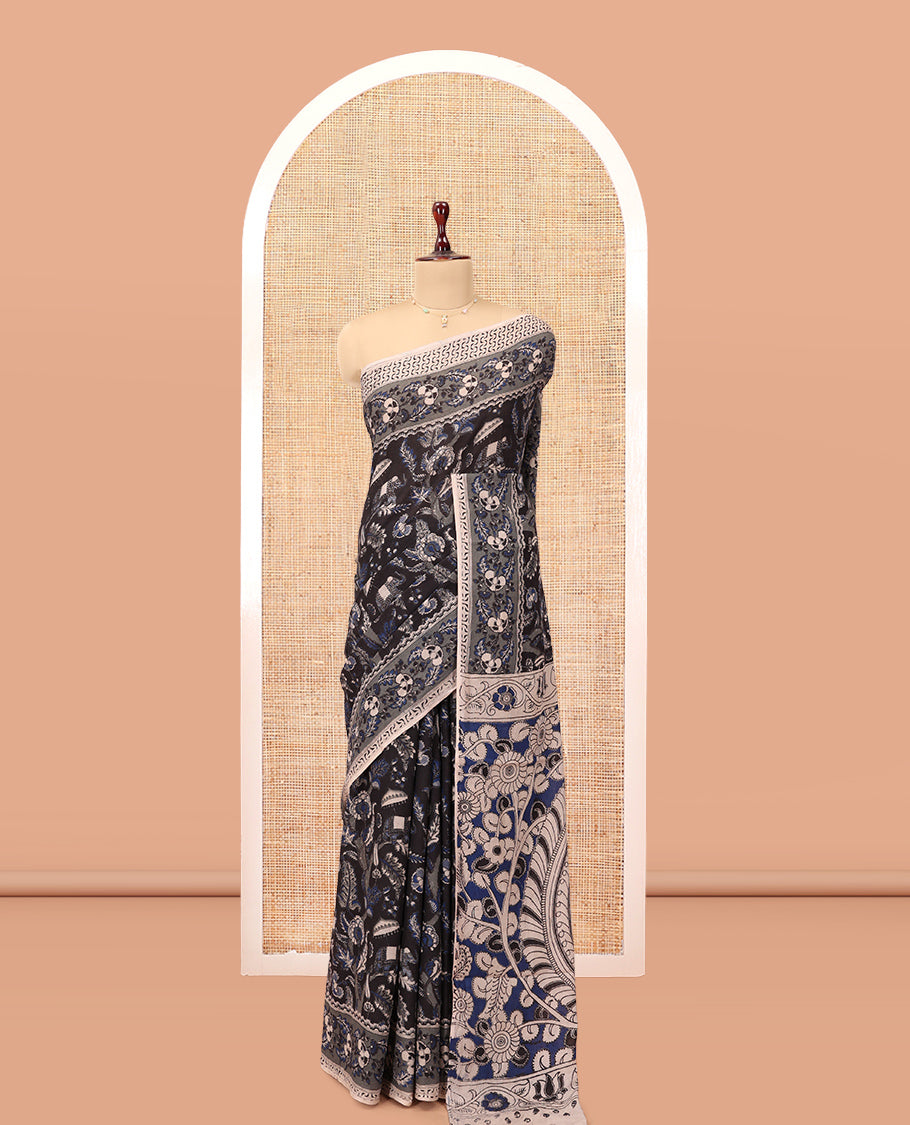 Black Kalamkari Cotton Saree, Elevated with Animal and Floral Motif Print, Complemented By Printed Border, Kalamkari Peacock Motifs Pallu, and a Matching Blouse