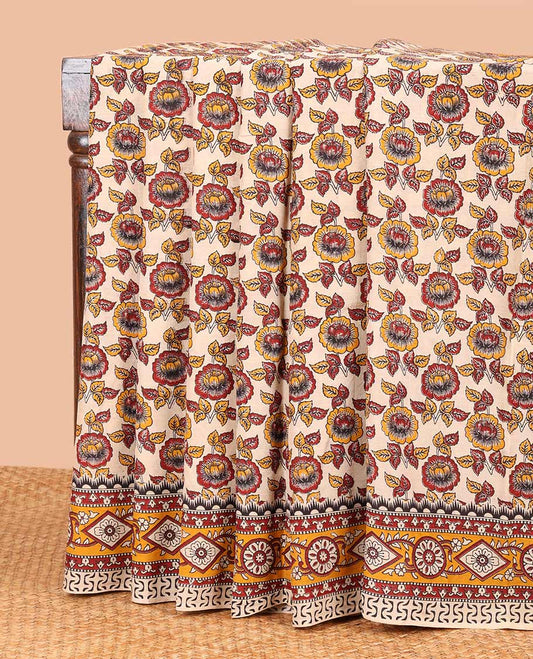 Cream floral design machine-printed kalamkari cotton saree with contrast floral design & pichwai design pallu