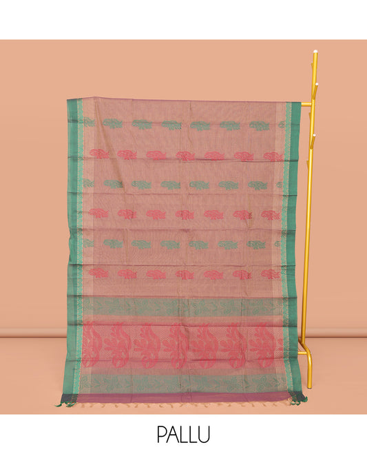Brown Kanchi Cotton Saree, Subtly Threaded with Floral Buttas All Over Its Body, Complemented by Contrast Border, Pallu of Floral Designs, and Paired with a Matching Blouse