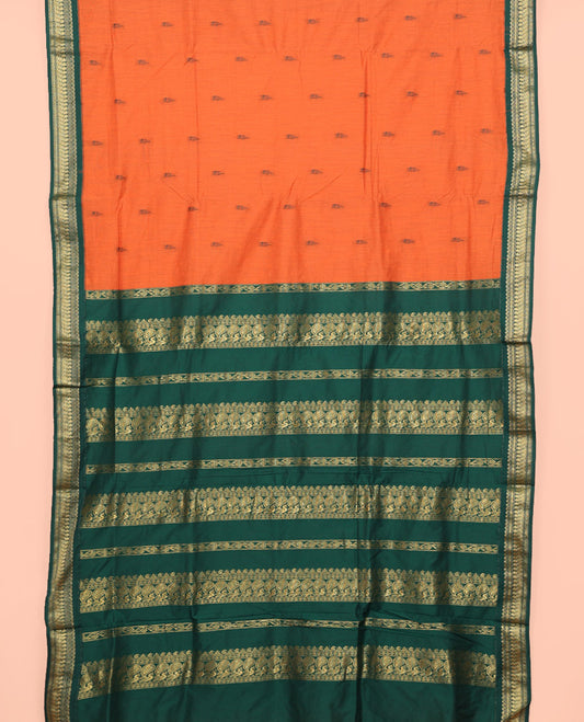 Orange Nine Yard Cotton Saree, Delicately Woven with Buttas All Over Its Body, Complemented by Contrast Traditional Zari Motifs Border, Pallu of Traditional Designs, and Comes Without a Blouse