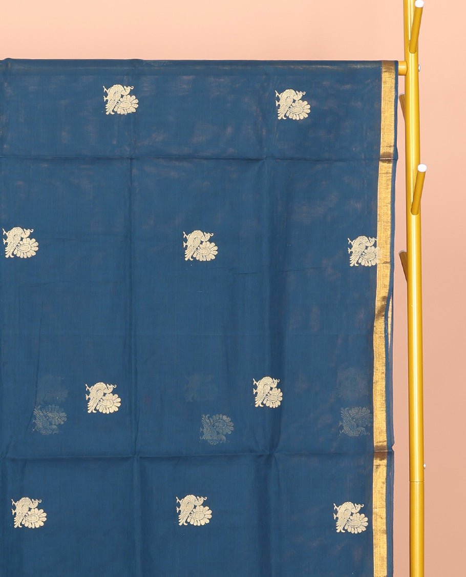 Blue Venkatagiri Cotton Saree, Bedecked with Peacock Buttas and Checks, a Contrast Traditional Zari Border, Pallu of Stripes, and No Blouse