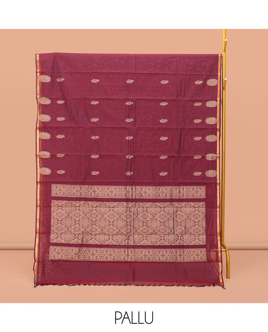 Wine Kanchi Cotton Saree, Subtly Woven with Buttas on Its Body, A Subtle Piping Border, Pallu of Intricate Design, and a Matching Blouse