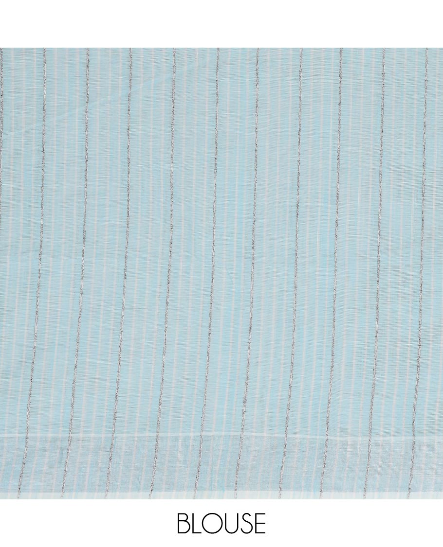 Sky blue floral printed jute cotton saree, printed border & striped pallu