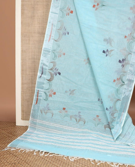 Sky blue floral printed jute cotton saree, printed border & striped pallu