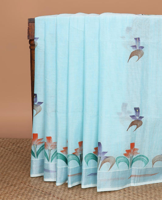 Sky blue floral printed jute cotton saree, printed border & striped pallu
