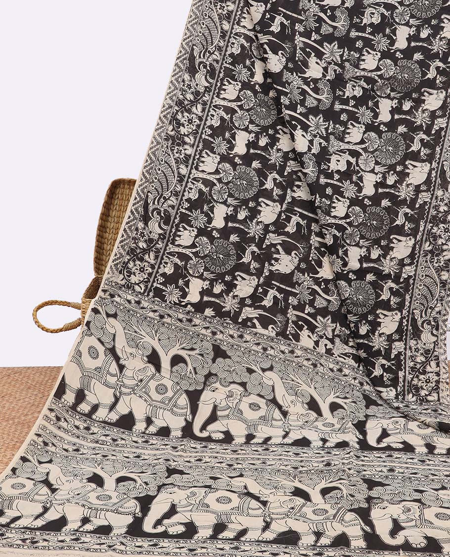 Black forest design machine printed kalamkari cotton saree with self-floral border & forest design pallu