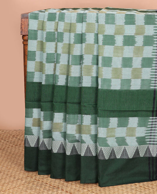 Pale green base colorful-ikkat checked Kadhi cotton saree, contrast temple design green border & ikkat checked pallu