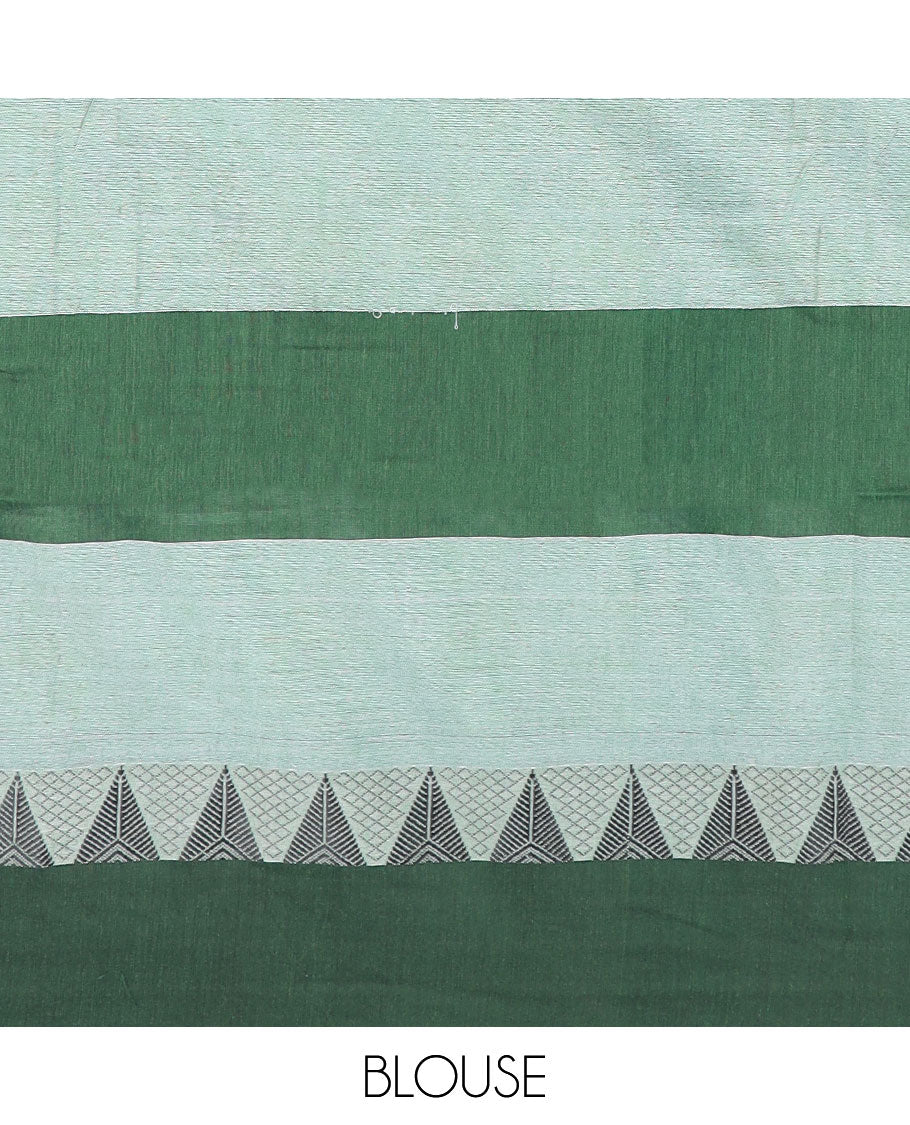 Pale green base colorful-ikkat checked Kadhi cotton saree, contrast temple design green border & ikkat checked pallu