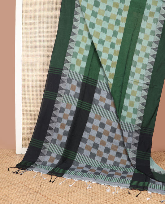 Pale green base colorful-ikkat checked Kadhi cotton saree, contrast temple design green border & ikkat checked pallu