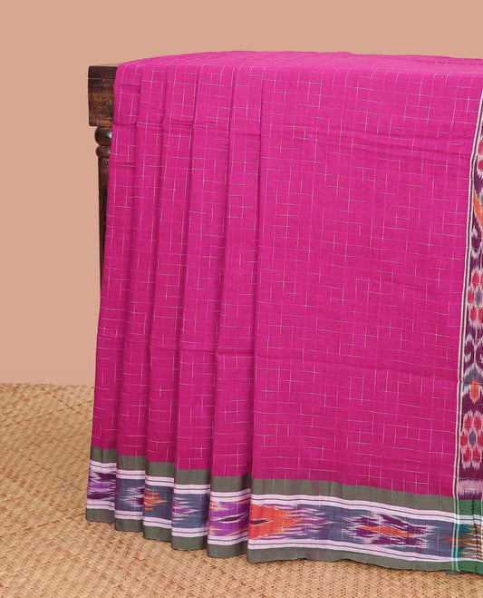 Pink checked design ikkat cotton saree with floral design border & floral design pallu