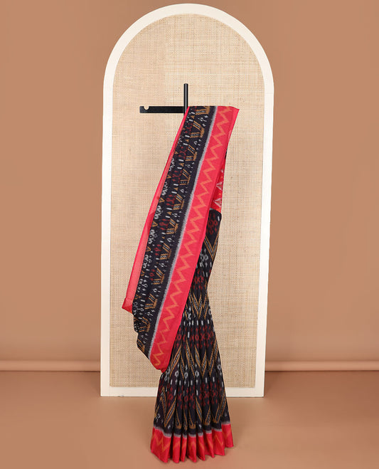 Black chevron design Pochampally cotton saree, contrast chevron design border & geometric patterned pallu