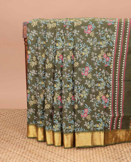 Olive green floral design coimbatore cotton saree with contrast striped, temple border & floral design pallu