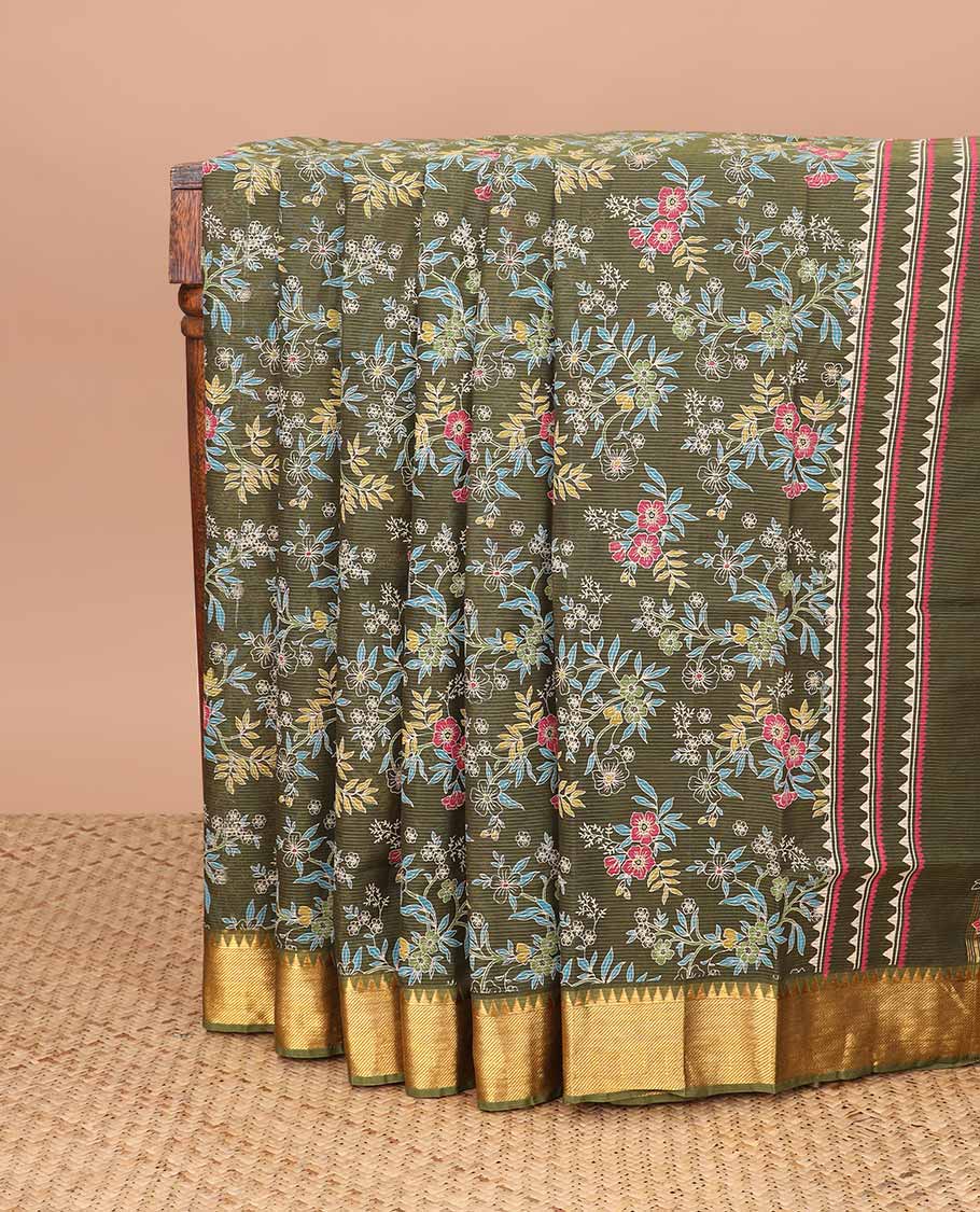 Olive green floral design coimbatore cotton saree with contrast striped, temple border & floral design pallu