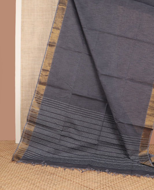 Elephant grey striped jute cotton saree, zari border & striped pallu