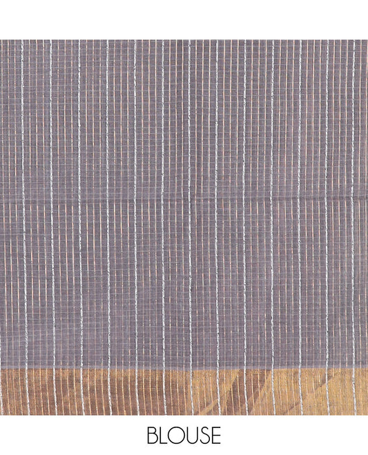 Elephant grey striped jute cotton saree, zari border & striped pallu