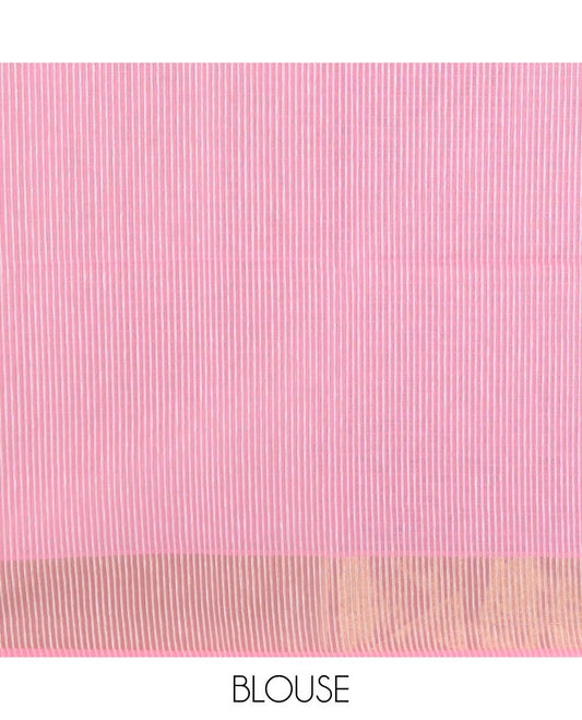 Candy pink plain jute cotton saree, zari border and striped pallu
