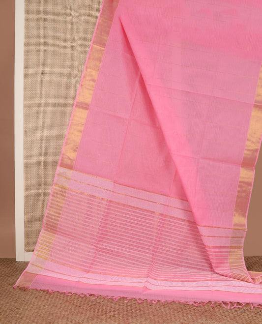 Candy pink plain jute cotton saree, zari border and striped pallu