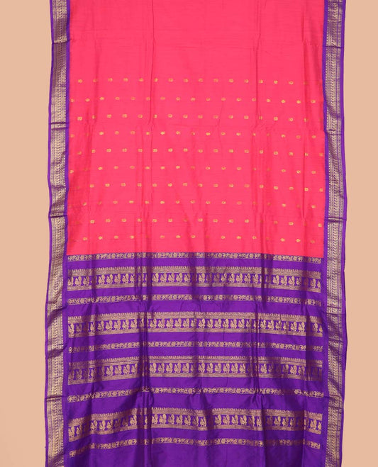 Red buttas nine-yard cotton saree, contrast traditional zari border, and pallu steeped with traditional motifs