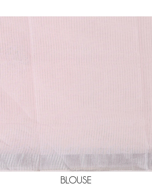 Pale baby pink spiral buttas printed cotton saree, zari border and striped pallu