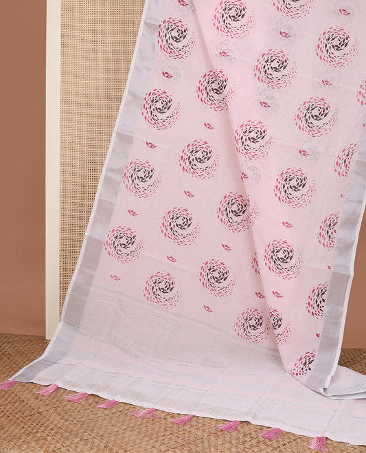 Pale baby pink spiral buttas printed cotton saree, zari border and striped pallu