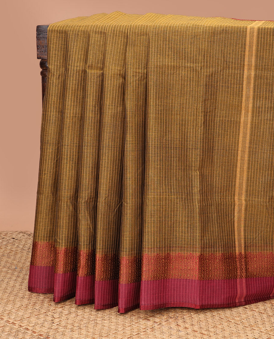 Russet brown micro-checked Bengal cotton saree, contrast geometric patterned border, and striped pallu