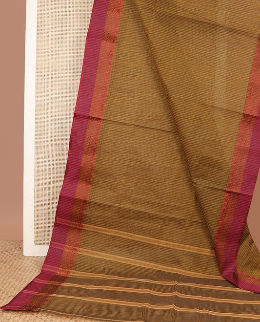 Russet brown micro-checked Bengal cotton saree, contrast geometric patterned border, and striped pallu