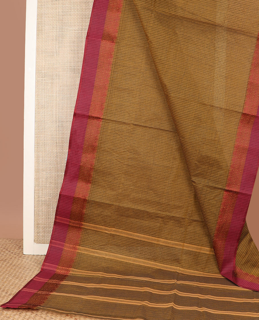 Russet brown micro-checked Bengal cotton saree, contrast geometric patterned border, and striped pallu