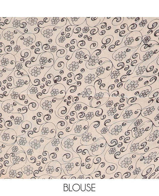 Green leaf machine printed kalamkari cotton saree, floral printed border, and pallu of peacock print