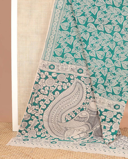 Green leaf machine printed kalamkari cotton saree, floral printed border, and pallu of peacock print