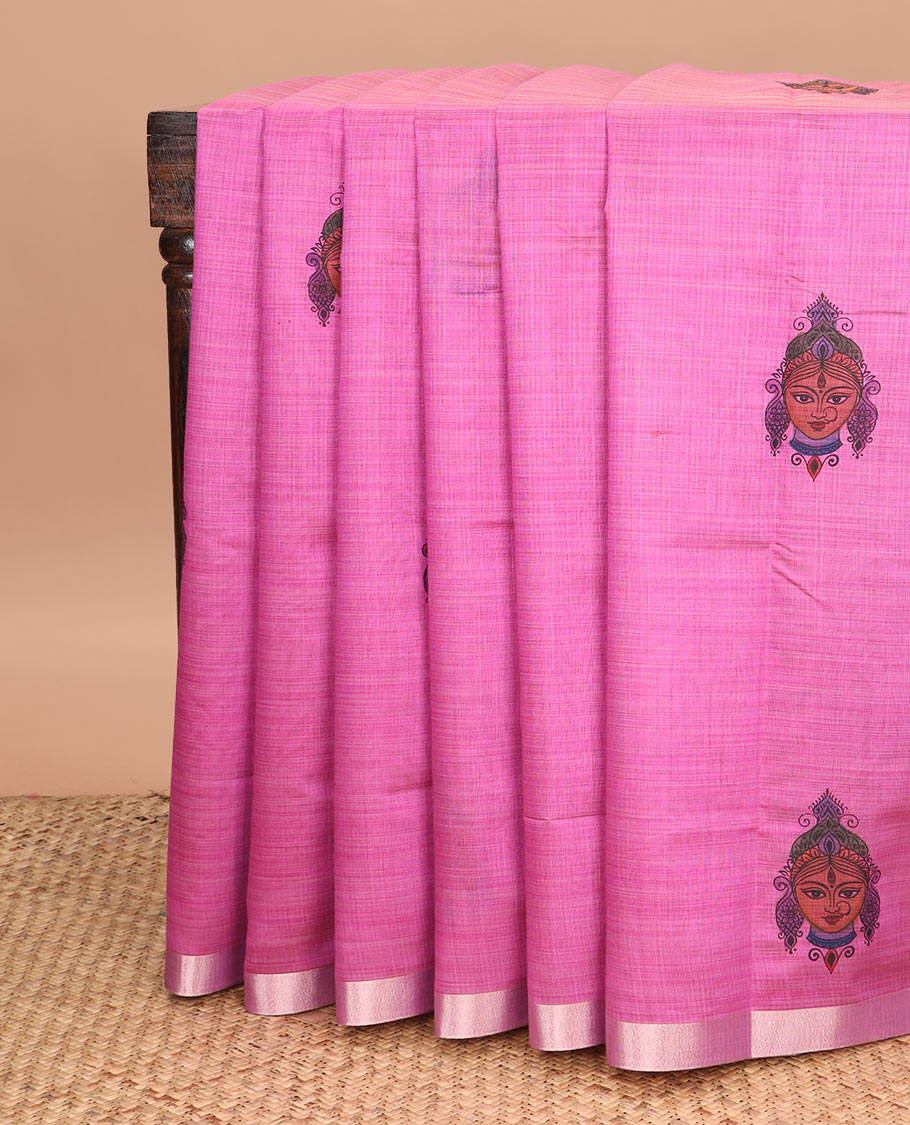 Rani pink kalamkari buttas printed chirala cotton saree, bavanji border, and contrast musical motifs print pallu