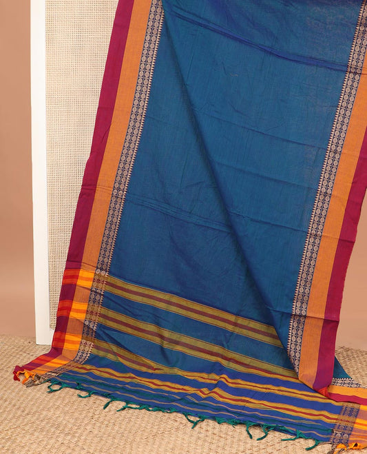Blue plain Narayanapet cotton saree, contrast rudraksham and temple motifs thread woven border, and striped pallu