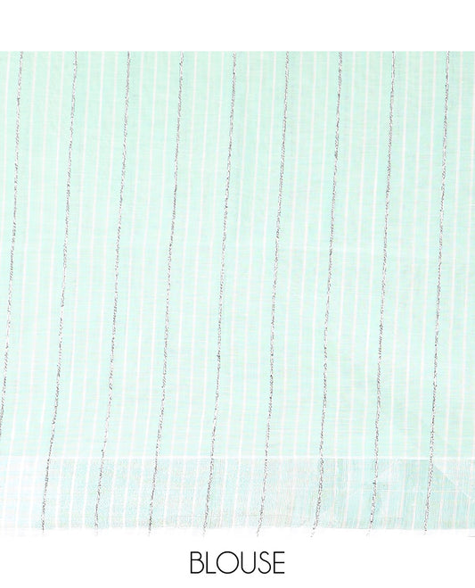 Green hand brushing style colorful floral printed jute cotton saree, zari with printed border, and striped pallu