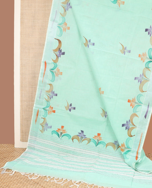 Green hand brushing style colorful floral printed jute cotton saree, zari with printed border, and striped pallu