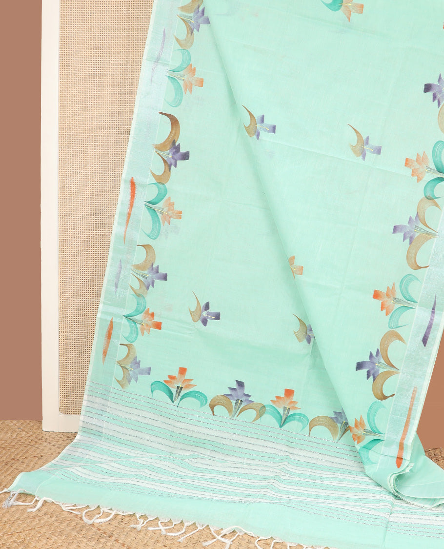 Green hand brushing style colorful floral printed jute cotton saree, zari with printed border, and striped pallu