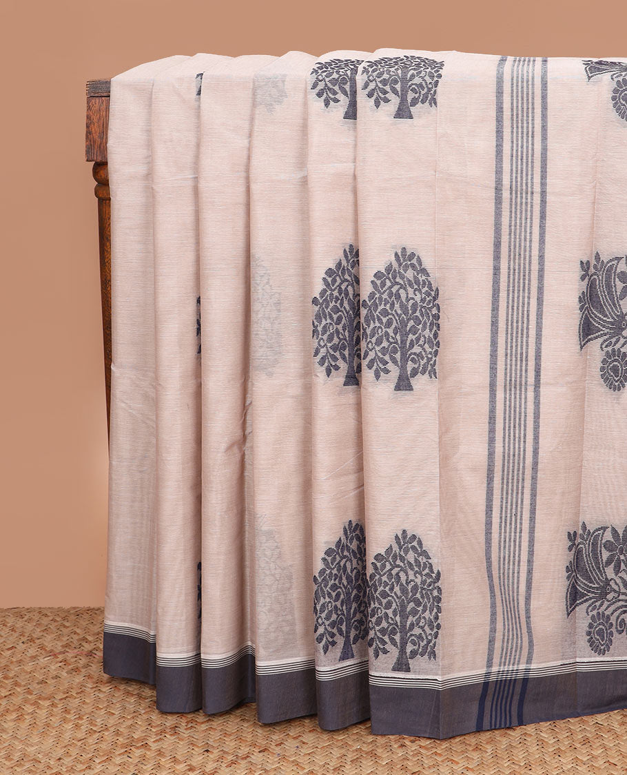Beige tree buttas kanchi cotton saree, contrast plain border, and floral potted pallu