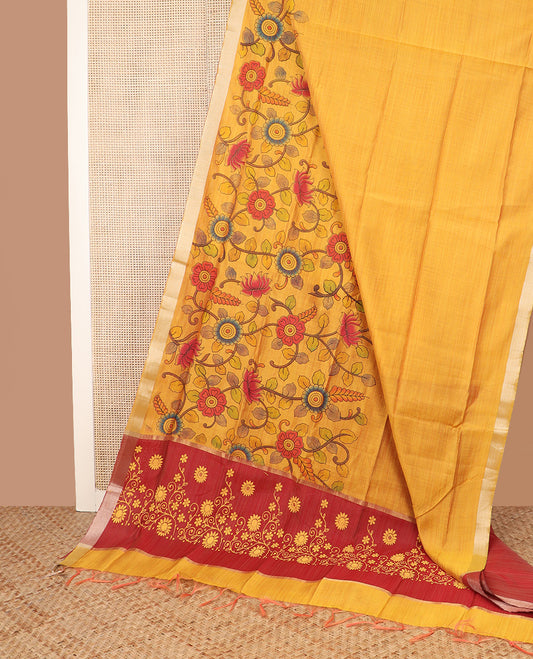 Orange kalamkari floral vine printed Chirala cotton saree, plain border, and contrast floral printed pallu
