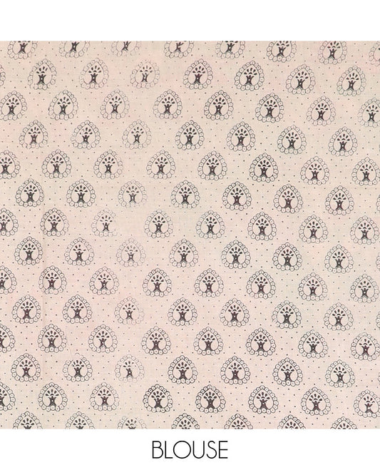 Black floral vine machine-printed cotton saree, contrast floral creeper border, and pallu of floral and peacock print