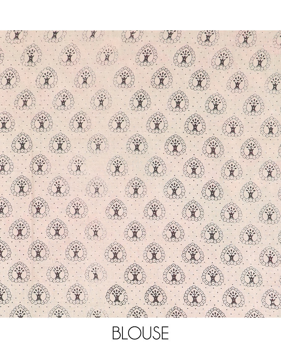 Black floral vine machine-printed cotton saree, contrast floral creeper border, and pallu of floral and peacock print