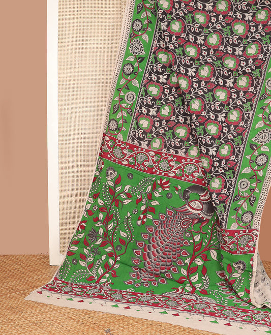 Black floral vine machine-printed cotton saree, contrast floral creeper border, and pallu of floral and peacock print