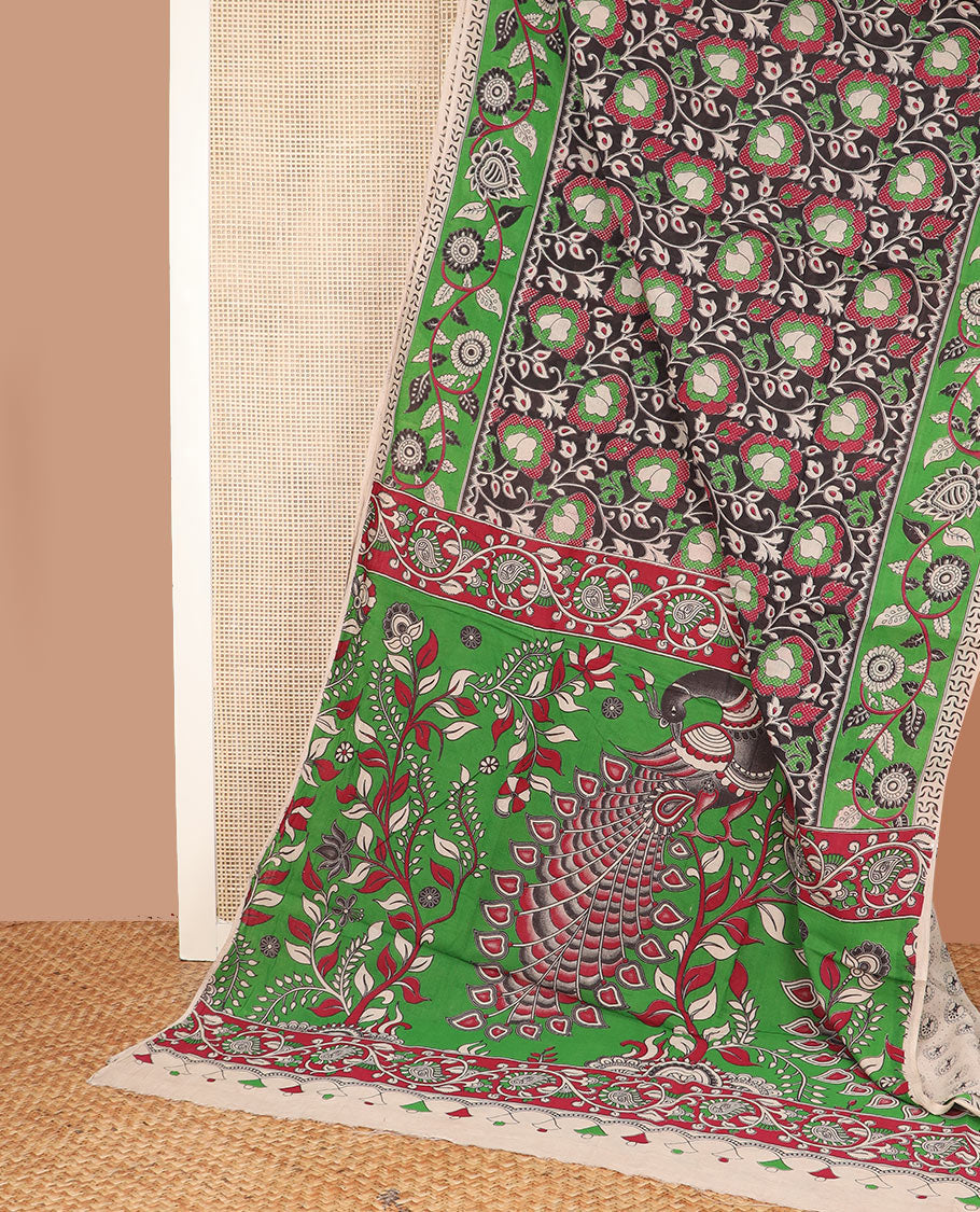 Black floral vine machine-printed cotton saree, contrast floral creeper border, and pallu of floral and peacock print