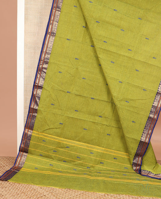 Green buttas Chettinad cotton saree, contrast traditional design border, and striped pallu