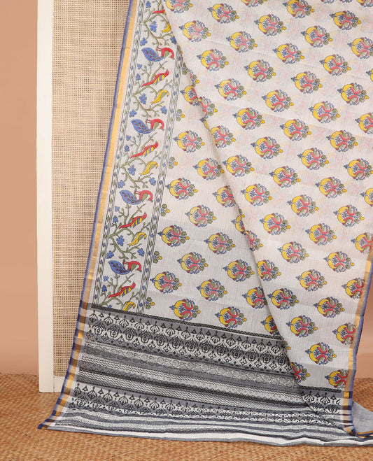 Half-white striped with peacock buttas printed chirala cotton saree, birds printed border, and intricately printed pallu