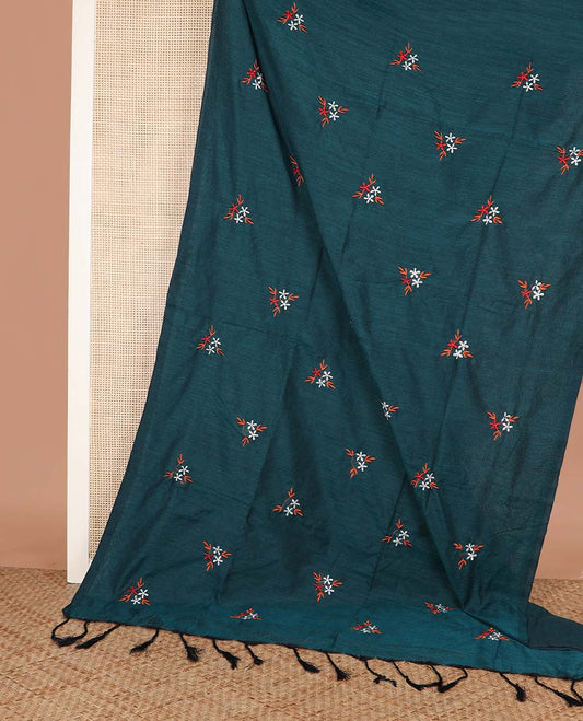 Peacock Blue Khadi Cotton Saree Prettified with Triangle Motifs Embroidery, Pallu Elegantly Decked Up with Triangle  Motifs Embroidery, and Paired with a Matching Blouse