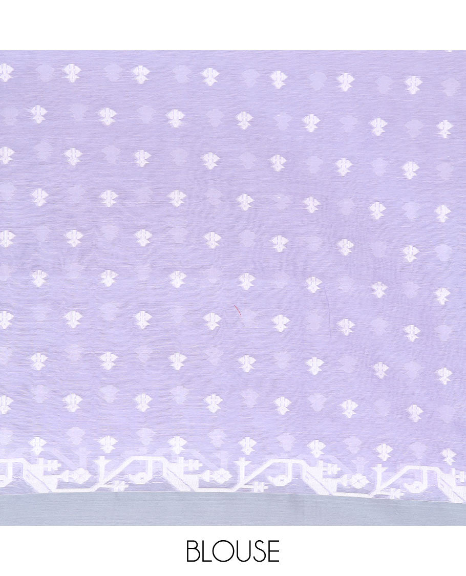 Lavender buttas woven Khadi cotton saree, contrast jamdani floral border, and jamdani-style floral creeper woven pallu