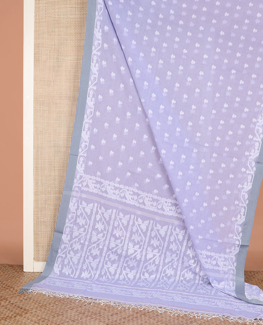 Lavender buttas woven Khadi cotton saree, contrast jamdani floral border, and jamdani-style floral creeper woven pallu