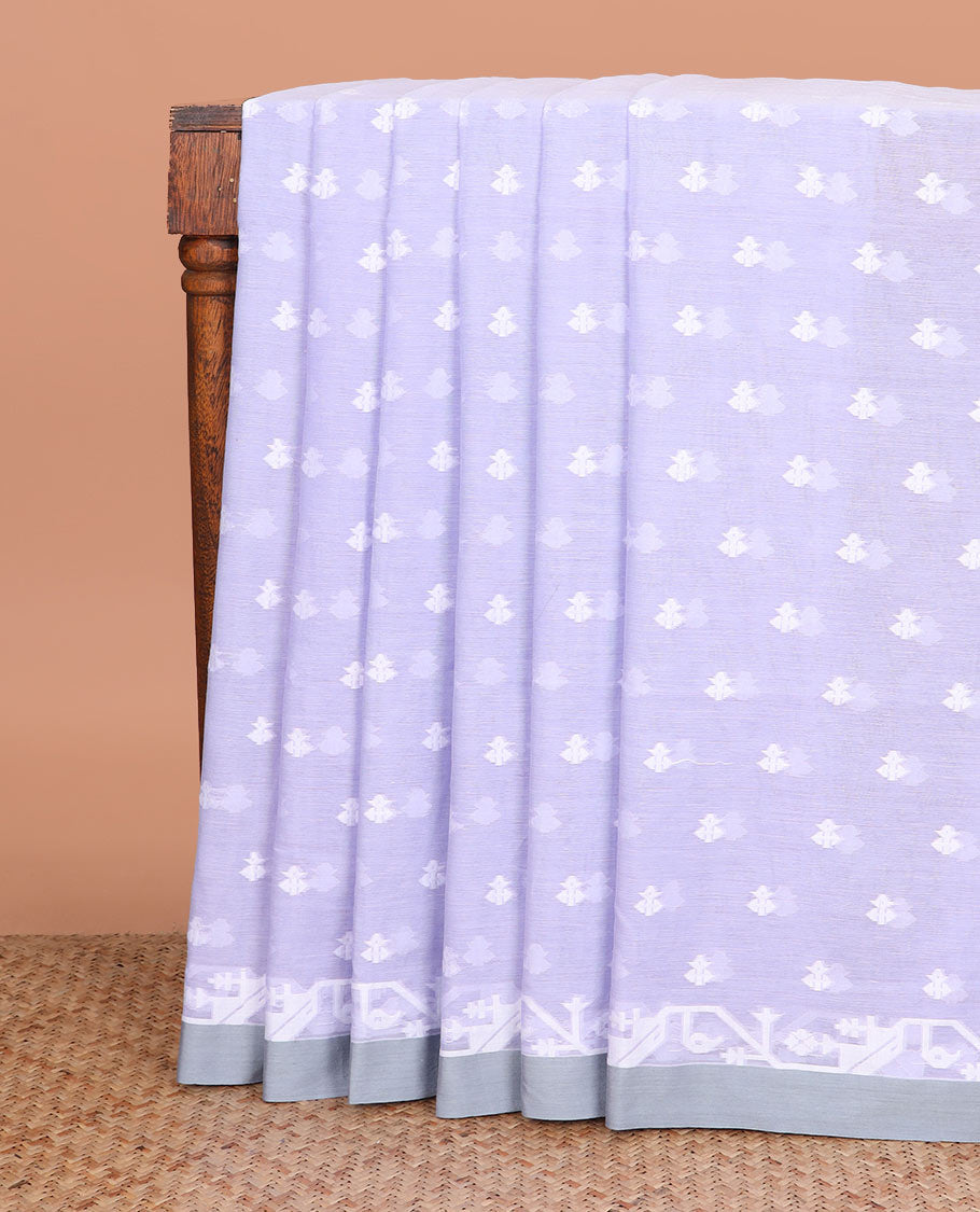 Lavender buttas woven Khadi cotton saree, contrast jamdani floral border, and jamdani-style floral creeper woven pallu