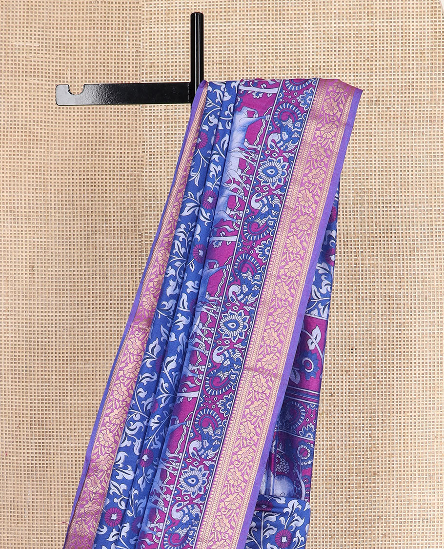 Royal blue floral vine patola silk saree, contrast traditional zari border and pallu of Pichwai cow and peacock motifs