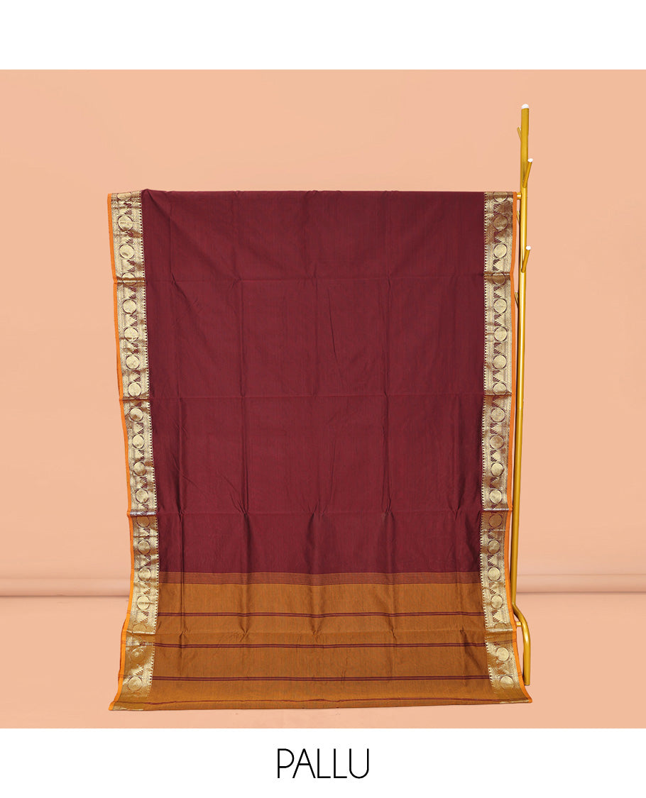 Maroon Plain Poly Cotton Saree, Complemented by a Contrast Traditional Zari Border of Temple and Rudraksham Designs, Contrast Striped Pallu, and Paired with a Contrast Blouse